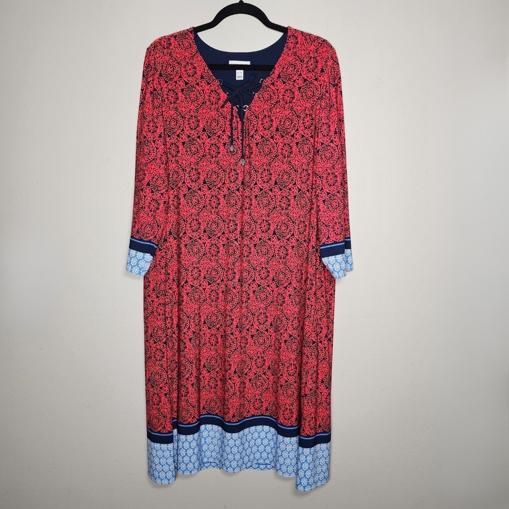 Susan Graver Womens XL Red Blue Geometric Liquid Knit Midi Dress Stretch Resort - Picture 1 of 10
